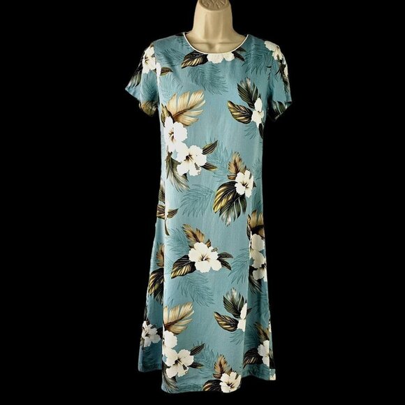 80s/90s Aloha Moi Hawaiian Dress A-Line Short sleeve Aqua Gardenia Print Women S - Picture 5 of 7